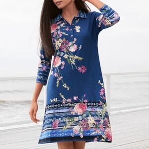 Johnny Was Willowa Floral Polo Tunic Dress Bamboo Blend Size M Boho Button Front